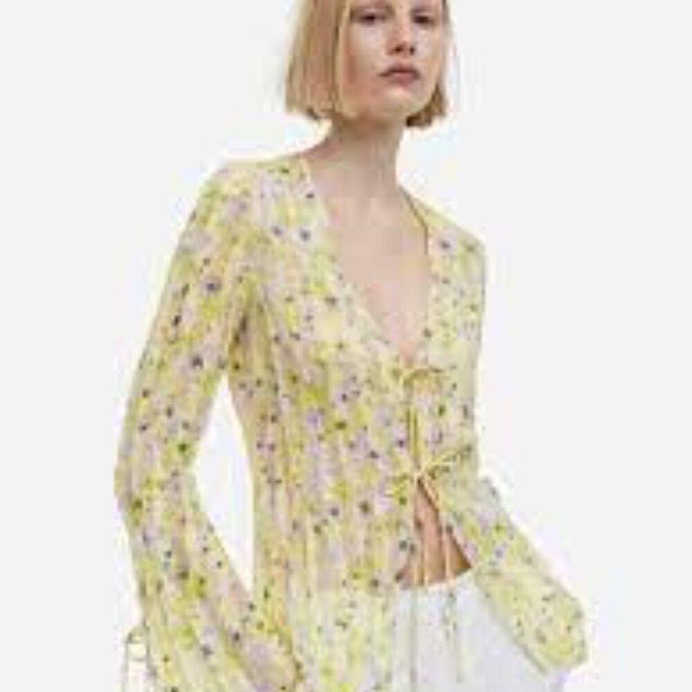 H&M Yellow  and Cream  Sheer Long Sleeve Wrap Blouse Size L